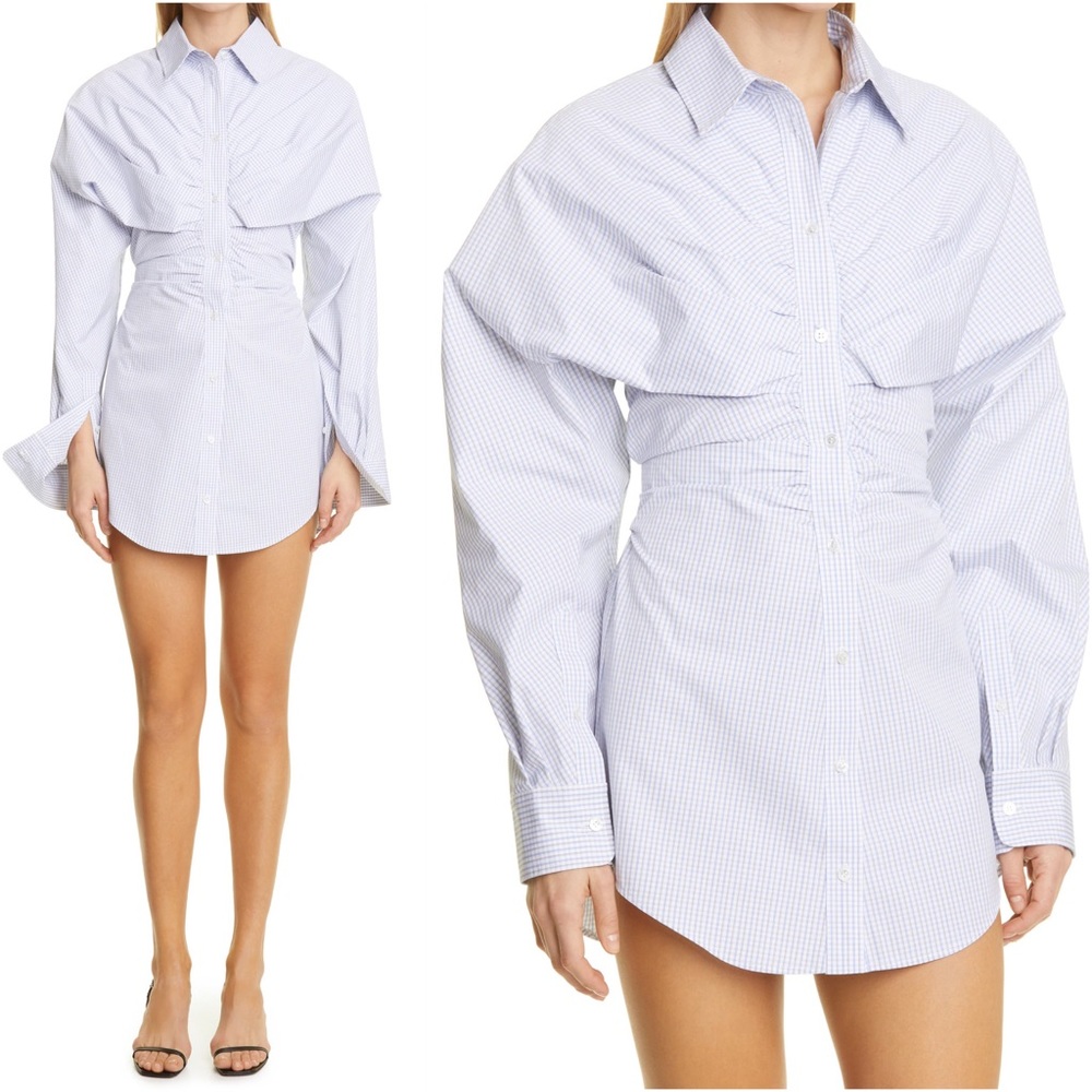 NWOT ALEXANDER WANG Ruched Hourglass Check-pattern Shirtdress In Blue Multi $795